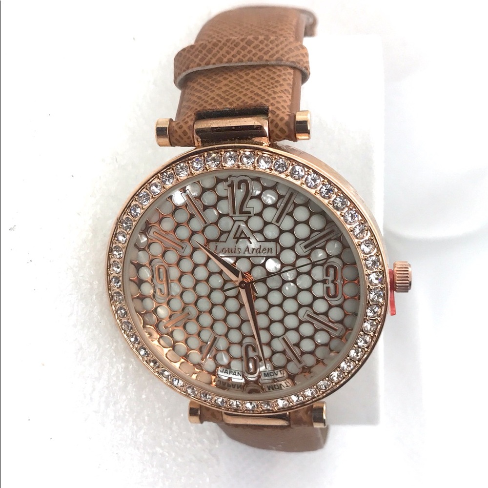 Louis Arden watch LA 7288 tan band gold&crystals